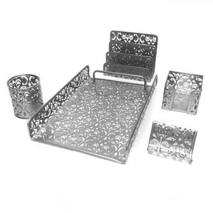 5 Pcs Silver Mesh Flower Designed Desk Set